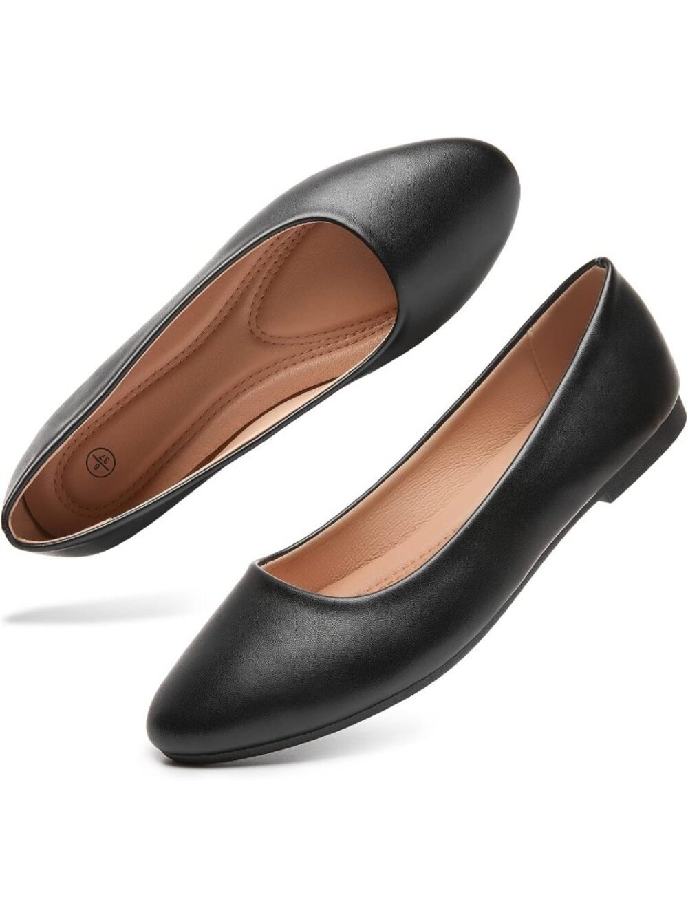 Women's Black Comfortable PU Leather Round Toe Solid Slip on Ballet Flat Shoes - Picture 1 of 6